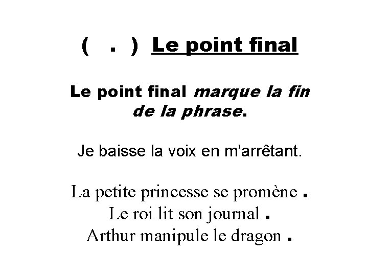 (. ) Le point final marque la fin de la phrase. Je baisse la