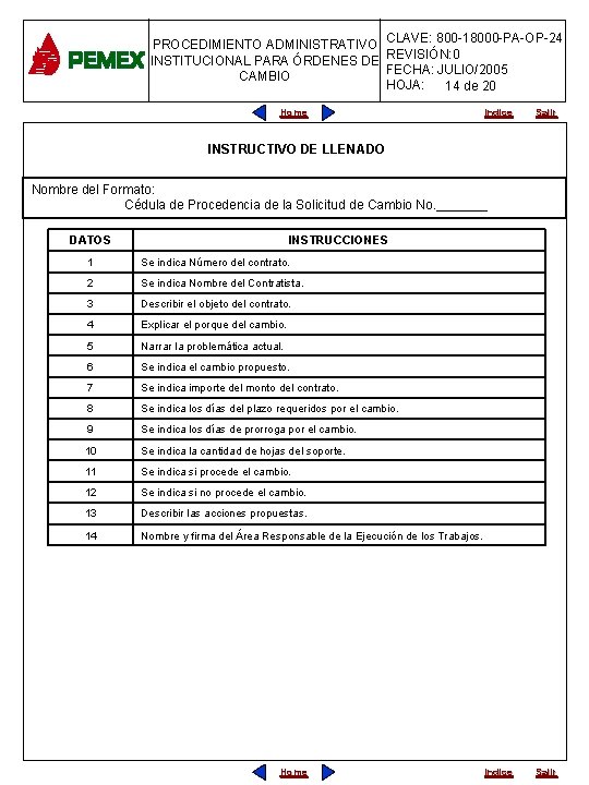 PROCEDIMIENTO ADMINISTRATIVO CLAVE: 800 -18000 -PA-OP-24 INSTITUCIONAL PARA ÓRDENES DE REVISIÓN: 0 FECHA: JULIO/2005