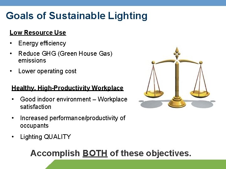 Goals of Sustainable Lighting Low Resource Use • Energy efficiency • Reduce GHG (Green