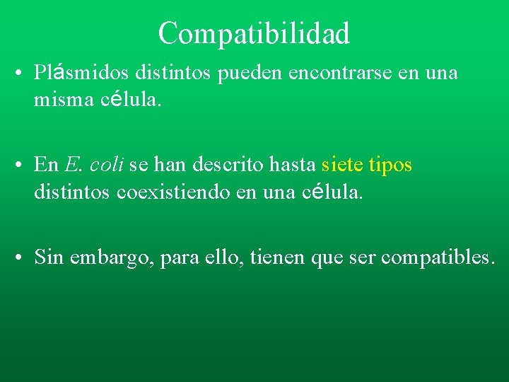 Compatibilidad • Plásmidos distintos pueden encontrarse en una misma célula. • En E. coli Compatibilidad • Plásmidos distintos pueden encontrarse en una misma célula. • En E. coli