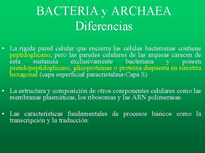 BACTERIA y ARCHAEA Diferencias • La rígida pared celular que encierra las células bacterianas BACTERIA y ARCHAEA Diferencias • La rígida pared celular que encierra las células bacterianas