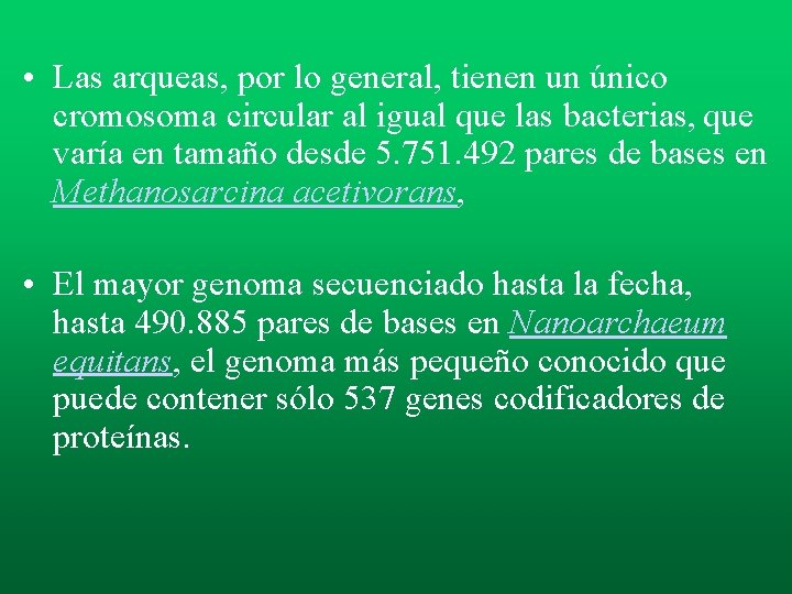 • Las arqueas, por lo general, tienen un único cromosoma circular al igual • Las arqueas, por lo general, tienen un único cromosoma circular al igual
