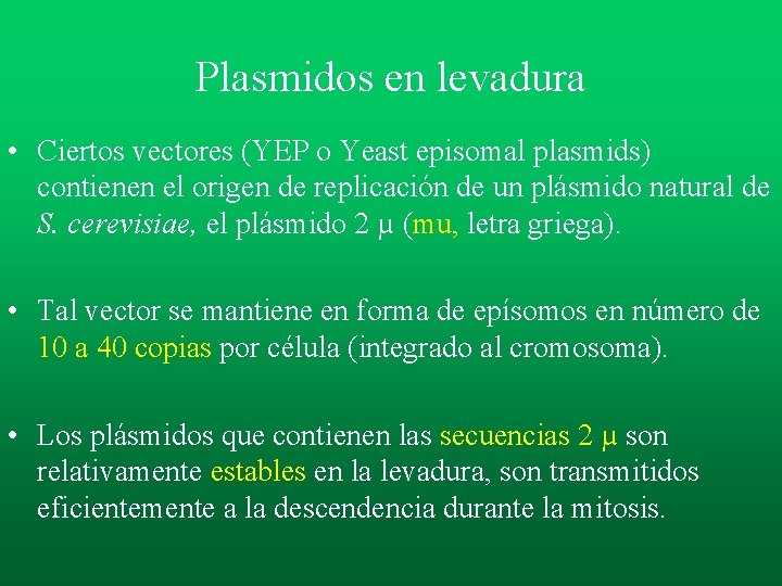 Plasmidos en levadura • Ciertos vectores (YEP o Yeast episomal plasmids) contienen el origen Plasmidos en levadura • Ciertos vectores (YEP o Yeast episomal plasmids) contienen el origen