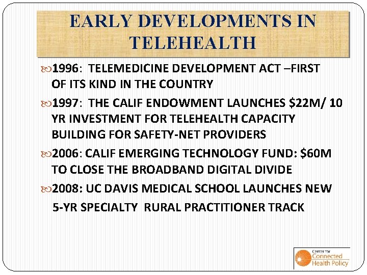 EARLY DEVELOPMENTS IN TELEHEALTH 1996: 1996 TELEMEDICINE DEVELOPMENT ACT –FIRST OF ITS KIND IN