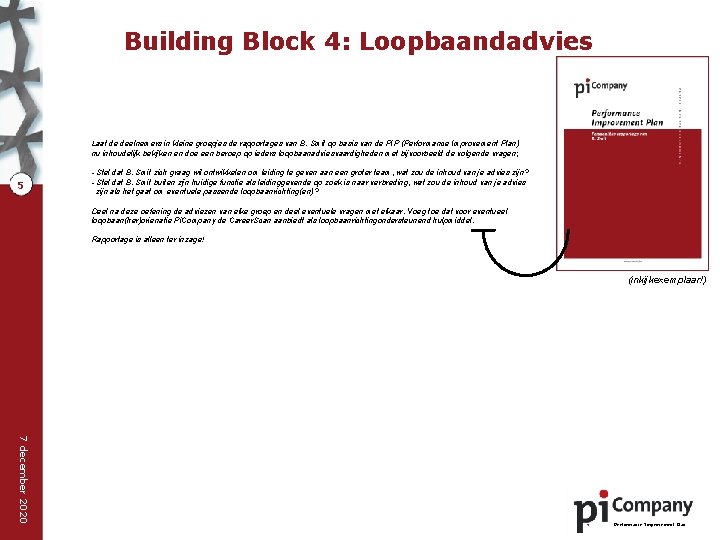 Building Block 4: Loopbaandadvies Laat de deelnemers in kleine groepjes de rapportages van B.