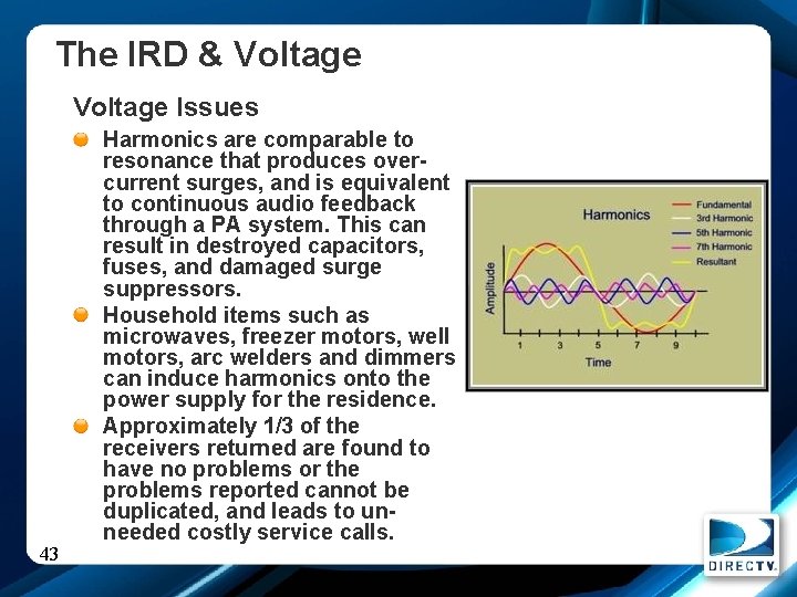The IRD & Voltage Issues 43 Harmonics are comparable to resonance that produces overcurrent
