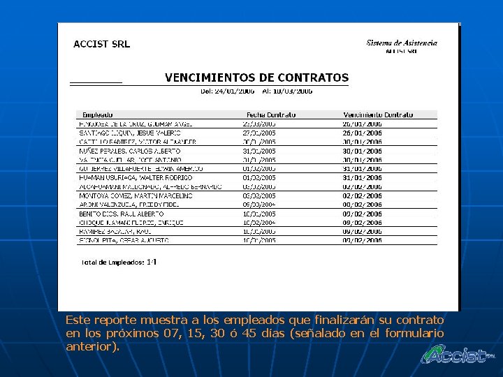 Este reporte muestra a los empleados que finalizarán su contrato en los próximos 07,