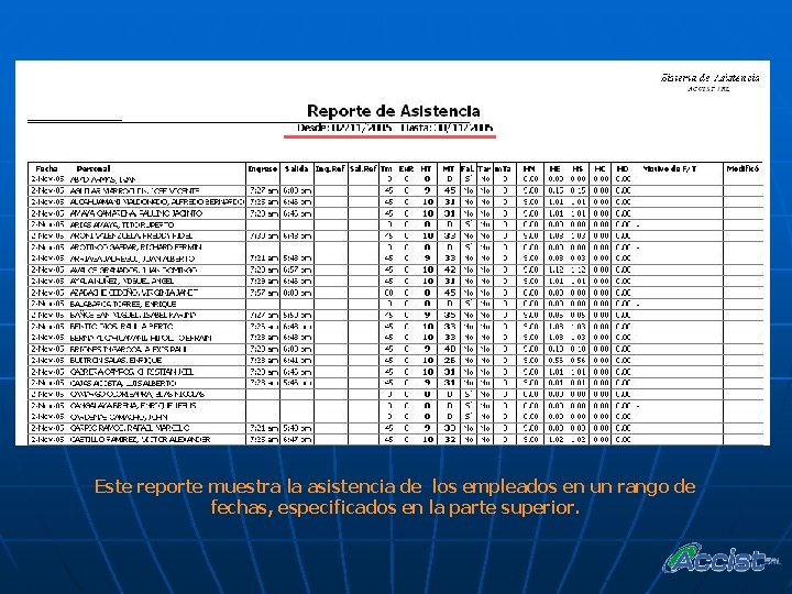 Este reporte muestra la asistencia de los empleados en un rango de fechas, especificados