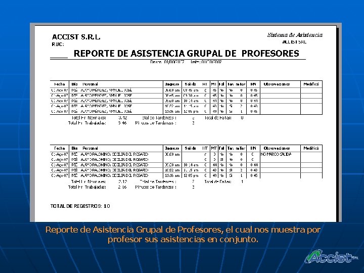 Reporte de Asistencia Grupal de Profesores, el cual nos muestra por profesor sus asistencias