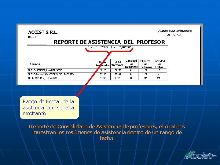 Rango de Fecha, de la asistencia que se esta mostrando Reporte de Consolidado de