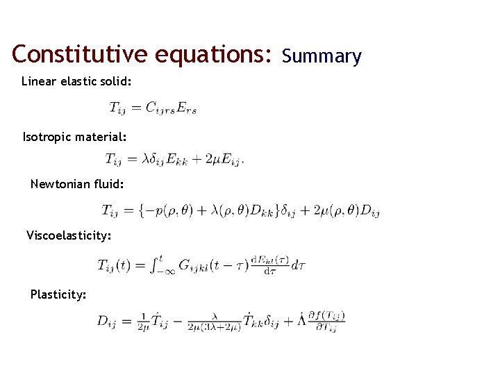 Constitutive equations: Linear elastic solid: Isotropic material: Newtonian fluid: Viscoelasticity: Plasticity: Summary 
