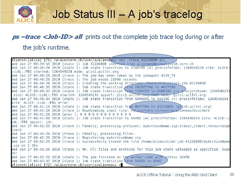 Job Status III – A job's tracelog ps –trace <Job-ID> all prints out the