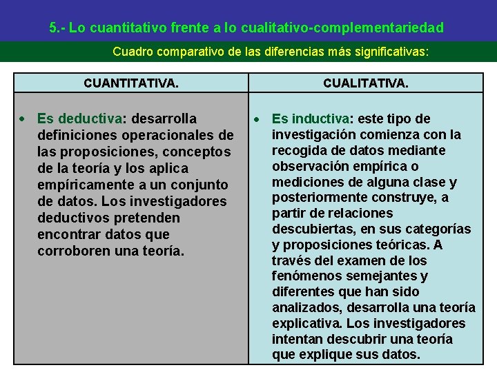 5. - Lo cuantitativo frente a lo cualitativo-complementariedad Cuadro comparativo de las diferencias más