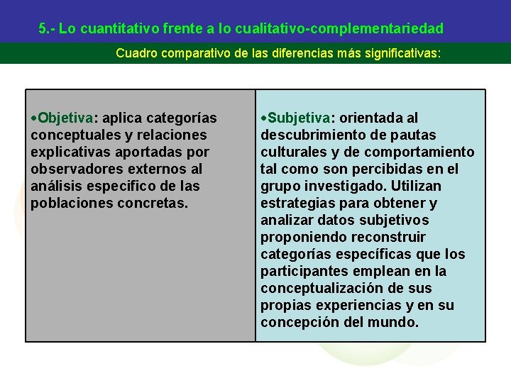 5. - Lo cuantitativo frente a lo cualitativo-complementariedad Cuadro comparativo de las diferencias más