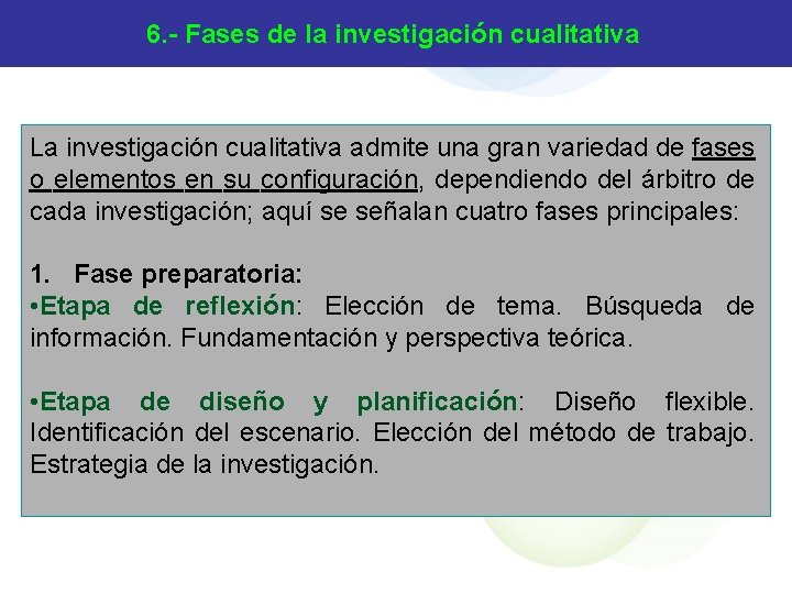 6. - Fases de la investigación cualitativa La investigación cualitativa admite una gran variedad