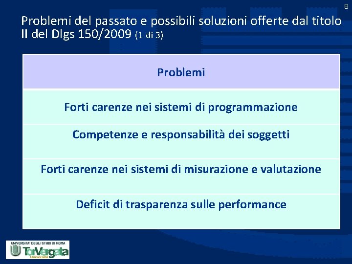 8 Problemi del passato e possibili soluzioni offerte dal titolo II del Dlgs 150/2009