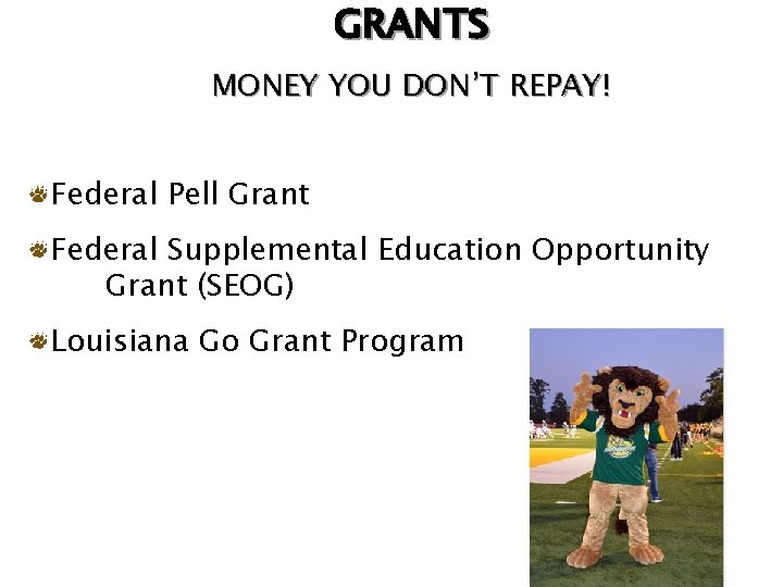 GRANTS MONEY YOU DON’T REPAY! Federal Pell Grant Federal Supplemental Education Opportunity Grant (SEOG)