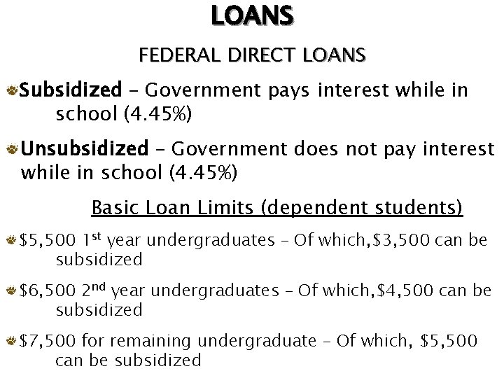 LOANS FEDERAL DIRECT LOANS Subsidized – Government pays interest while in school (4. 45%)