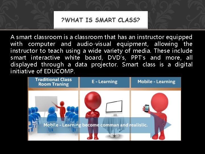 ? WHAT IS SMART CLASS? A smart classroom is a classroom that has an