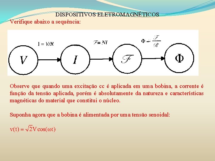 DISPOSITIVOS ELETROMAGNÉTICOS Verifique abaixo a sequência: Observe quando uma excitação cc é aplicada em DISPOSITIVOS ELETROMAGNÉTICOS Verifique abaixo a sequência: Observe quando uma excitação cc é aplicada em