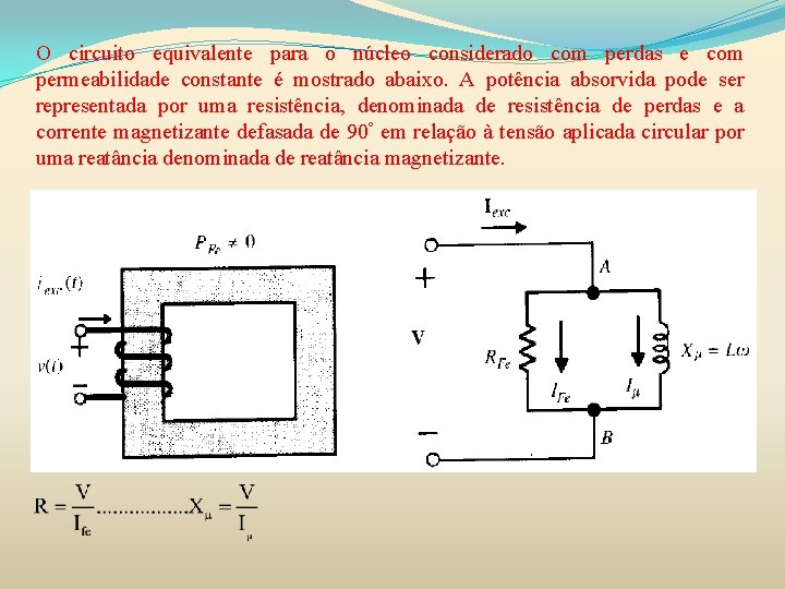 O circuito equivalente para o núcleo considerado com perdas e com permeabilidade constante é O circuito equivalente para o núcleo considerado com perdas e com permeabilidade constante é