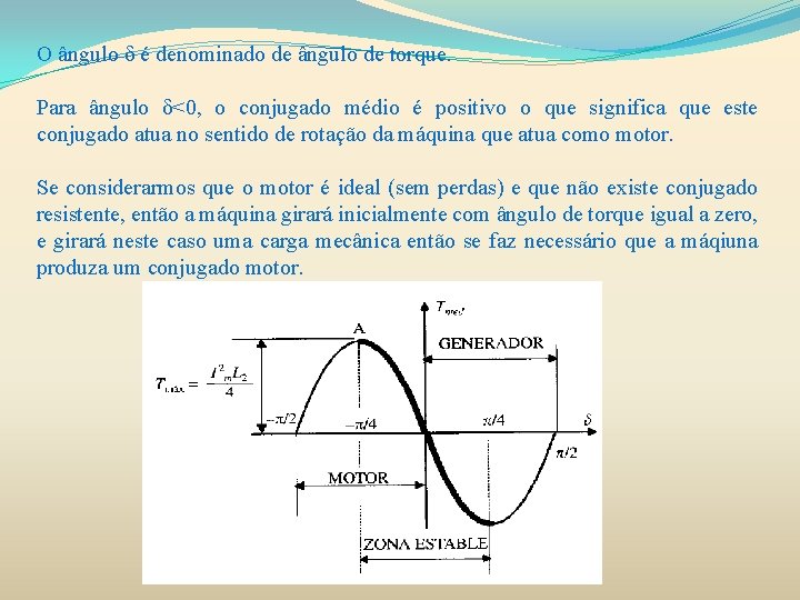 O ângulo δ é denominado de ângulo de torque. Para ângulo δ<0, o conjugado O ângulo δ é denominado de ângulo de torque. Para ângulo δ<0, o conjugado