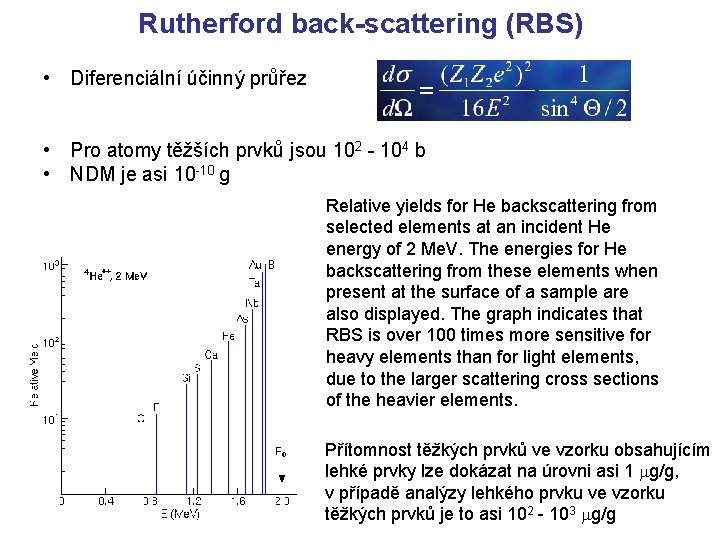 Rutherford back-scattering (RBS) • Diferenciální účinný průřez • Pro atomy těžších prvků jsou 102