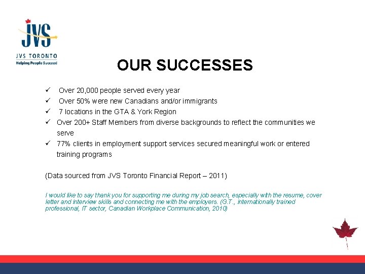 OUR SUCCESSES ü Over 20, 000 people served every year ü Over 50% were