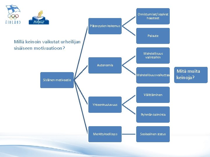 Onnistumiset/sopivat haasteet Pätevyyden kokemus Palaute Millä keinoin vaikutat urheilijan sisäiseen motivaatioon? Mahdollisuus valintoihin Autonomia