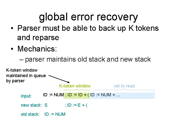 global error recovery • Parser must be able to back up K tokens and global error recovery • Parser must be able to back up K tokens and