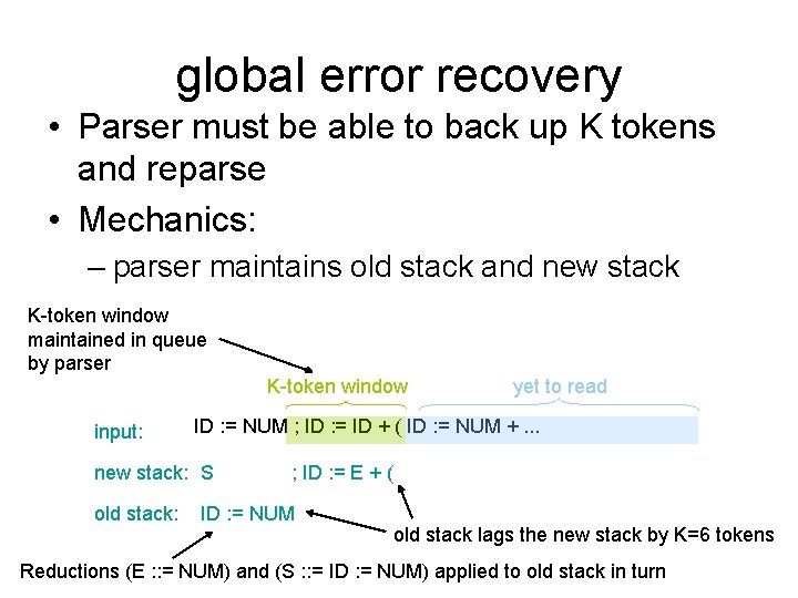global error recovery • Parser must be able to back up K tokens and