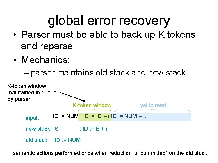 global error recovery • Parser must be able to back up K tokens and