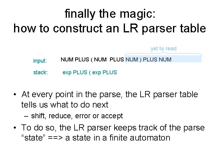 finally the magic: how to construct an LR parser table yet to read input: