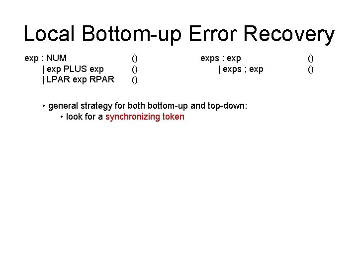 Local Bottom-up Error Recovery exp : NUM | exp PLUS exp | LPAR exp