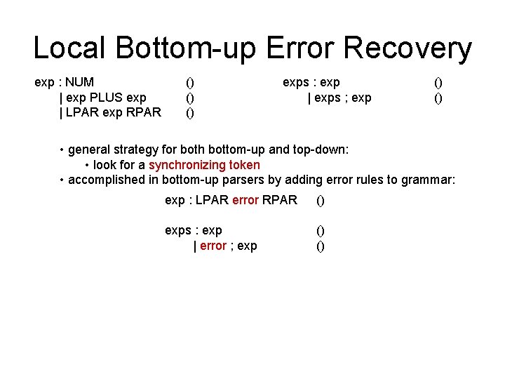 Local Bottom-up Error Recovery exp : NUM | exp PLUS exp | LPAR exp