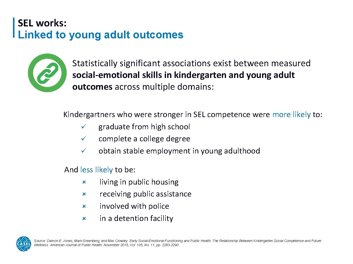 SEL works: Linked to young adult outcomes Statistically significant associations exist between measured social-emotional