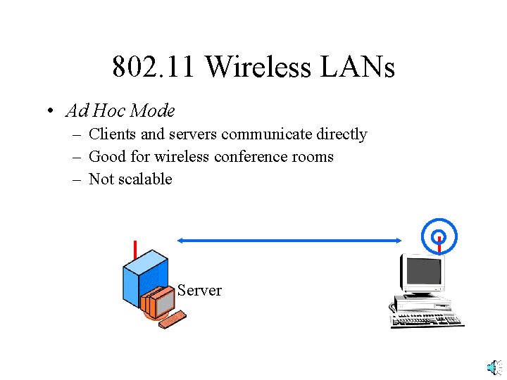 802. 11 Wireless LANs • Ad Hoc Mode – Clients and servers communicate directly