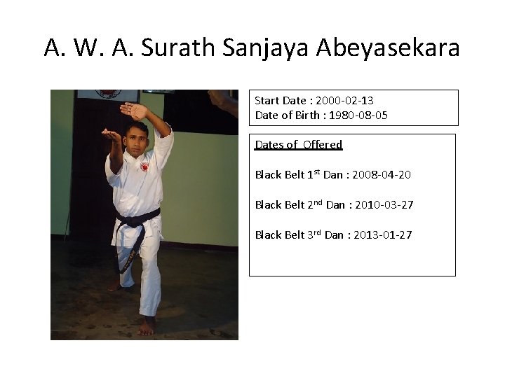 A. W. A. Surath Sanjaya Abeyasekara Start Date : 2000 -02 -13 Date of