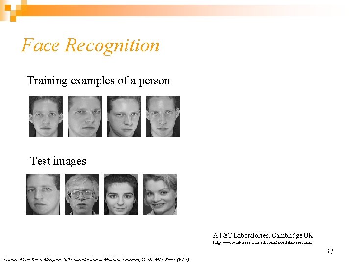 Face Recognition Training examples of a person Test images AT&T Laboratories, Cambridge UK http: