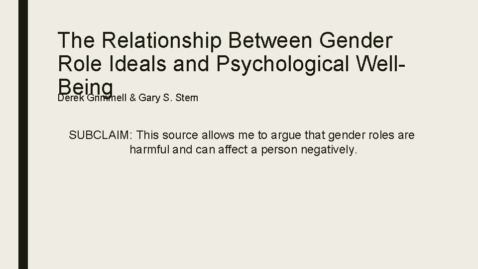 The Relationship Between Gender Role Ideals and Psychological Well. Being Derek Grimmell & Gary