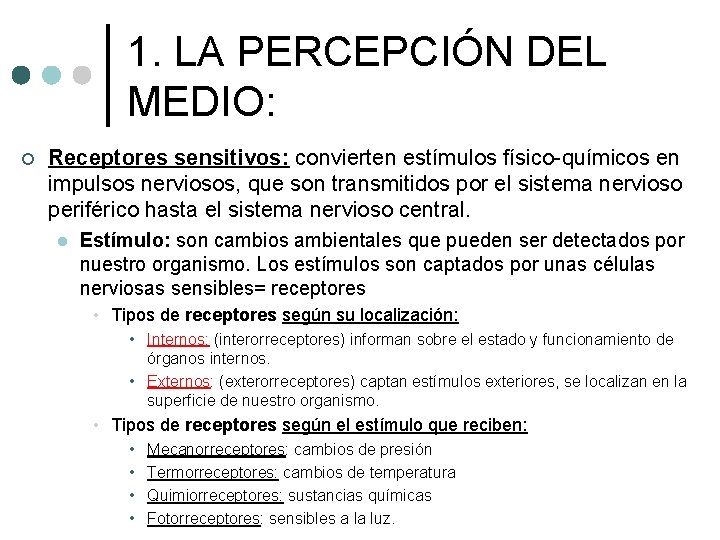 1. LA PERCEPCIÓN DEL MEDIO: ¢ Receptores sensitivos: convierten estímulos físico-químicos en impulsos nerviosos, 1. LA PERCEPCIÓN DEL MEDIO: ¢ Receptores sensitivos: convierten estímulos físico-químicos en impulsos nerviosos,
