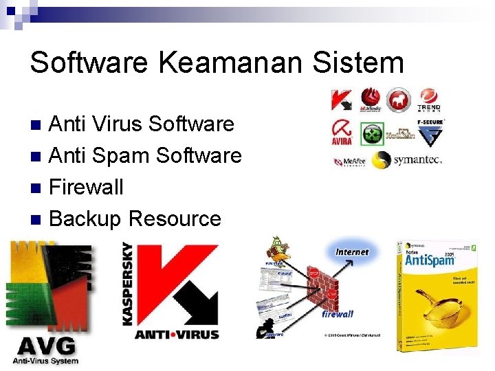 Software Keamanan Sistem Anti Virus Software n Anti Spam Software n Firewall n Backup