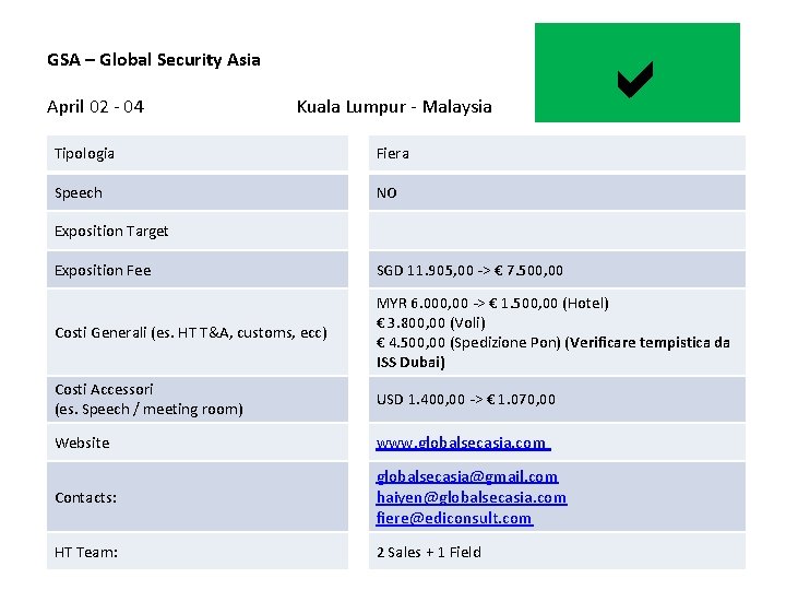 GSA – Global Security Asia April 02 - 04 Kuala Lumpur - Malaysia Tipologia