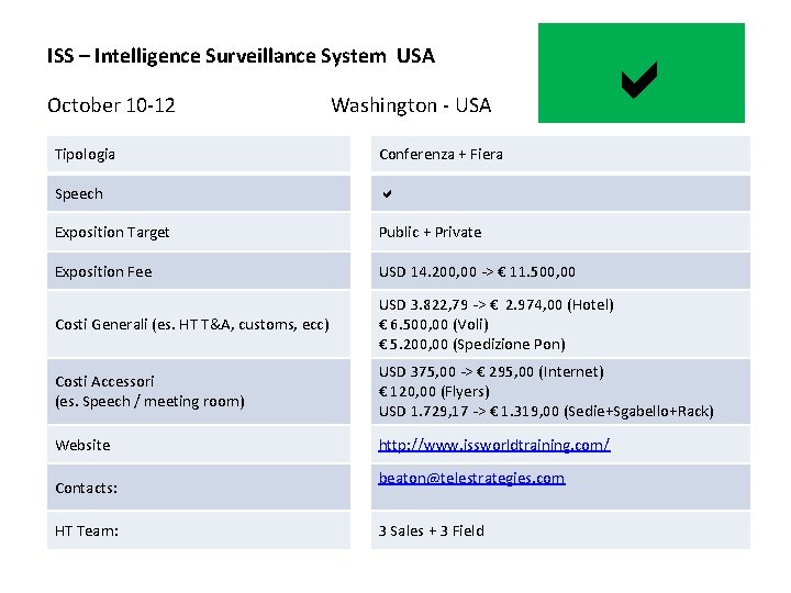 ISS – Intelligence Surveillance System USA October 10 -12 Washington - USA a Tipologia