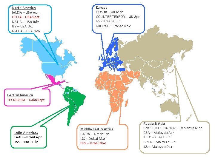 North America IALEIA – USA Apr HTCIA – USA Sept NATIA – USA July