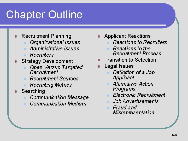 Chapter Outline Recruitment Planning l Organizational Issues l Administrative Issues l Recruiters l Strategy