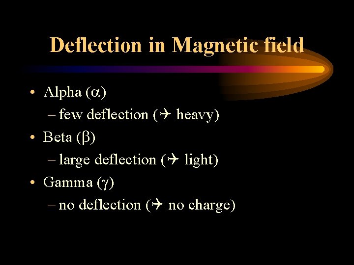 Deflection in Magnetic field • Alpha ( ) – few deflection ( heavy) •