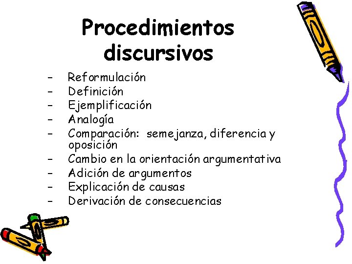 Procedimientos discursivos – – – – – Reformulación Definición Ejemplificación Analogía Comparación: semejanza, diferencia Procedimientos discursivos – – – – – Reformulación Definición Ejemplificación Analogía Comparación: semejanza, diferencia