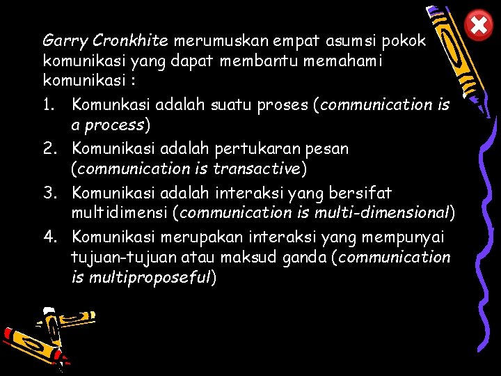 Garry Cronkhite merumuskan empat asumsi pokok komunikasi yang dapat membantu memahami komunikasi : 1.