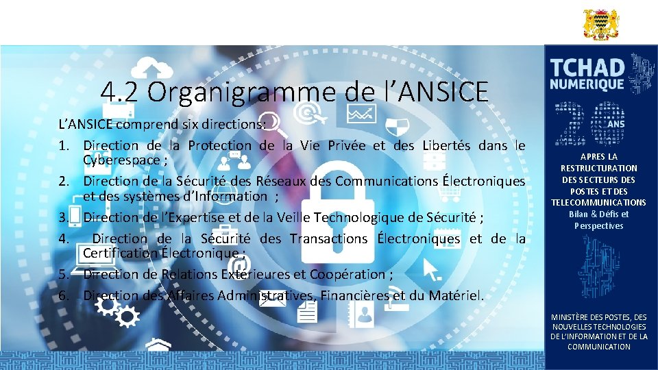 4. 2 Organigramme de l’ANSICE L’ANSICE comprend six directions: 1. Direction de la Protection 4. 2 Organigramme de l’ANSICE L’ANSICE comprend six directions: 1. Direction de la Protection